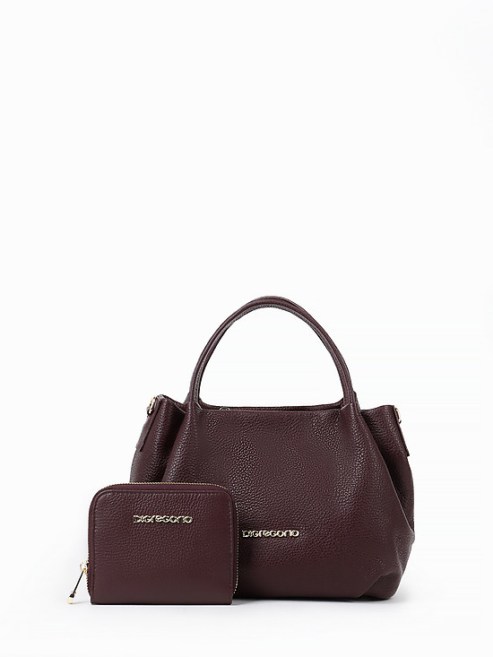 Темно-бордовая сумка-тоут из мягкой кожи с кошельком в комплекте  Di Gregorio