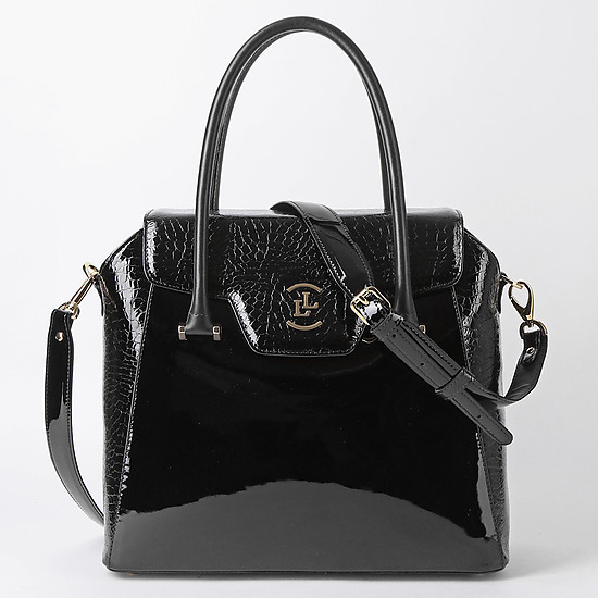 Черная лаковая сумка-тоут среднего размера со вставкам из кожи с тиснением под питона  Lucia Lombardi