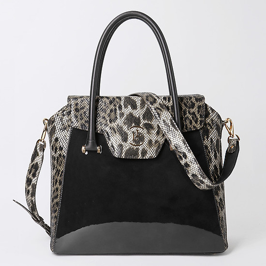 Черная лаковая сумка с леопардовым принтом среднего размера  Lucia Lombardi
