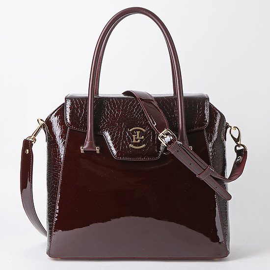 Бордовая лаковая сумка-тоут среднего размера со вставкам из кожи с тиснением под питона  Lucia Lombardi