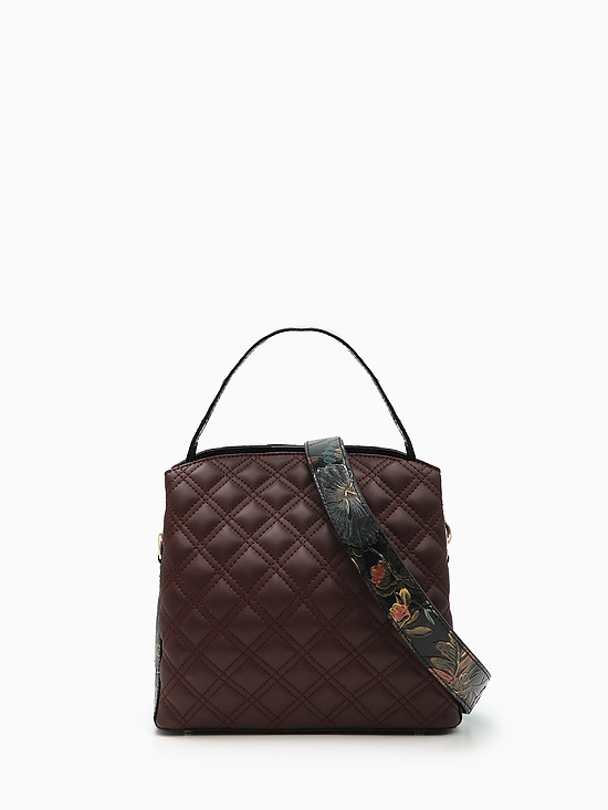 Небольшая бордовая кожаная сумка с двумя съемными ремешками и цветочным принтом  Alessandro Beato