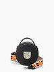 Круглая сумка-боулер из черной и бежевой кожи с ярким текстильным ремешком  Sara Burglar