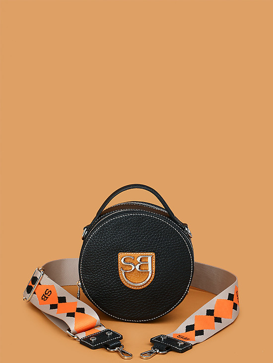 Круглая сумка-боулер из черной и оранжевой кожи с ярким текстильным ремешком  Sara Burglar