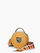 Круглая сумка-боулер из горчично-желтой и черной кожи с ярким текстильным ремешком  Sara Burglar