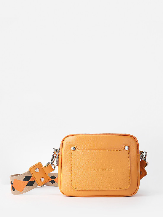 Сумочка кросс-боди из оранжевой кожи под ската с двумя отделами и ярким текстильным ремешком  Sara Burglar