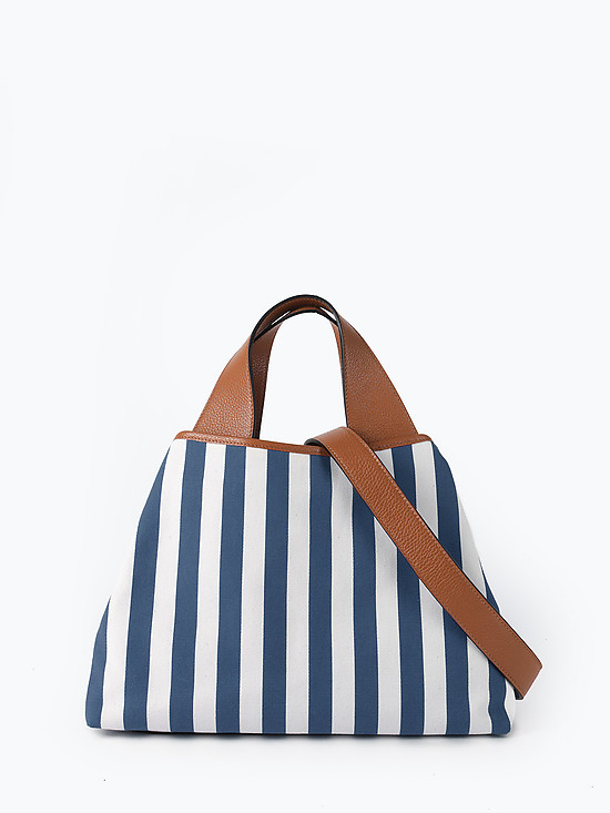 Мягкая сумка-тоут трансформер из текстиля в сине-белую полоску и натуральной кожи  Ripani
