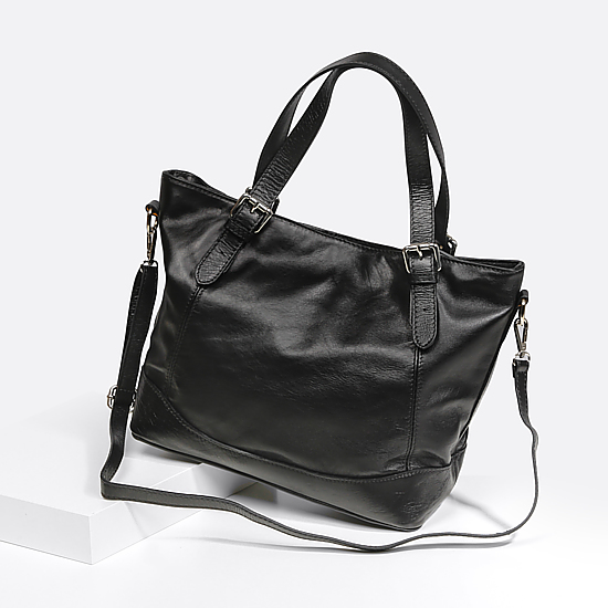 Лаконичная и вместительная сумка-мешок из натуральной черной кожи  Giuliani Romano