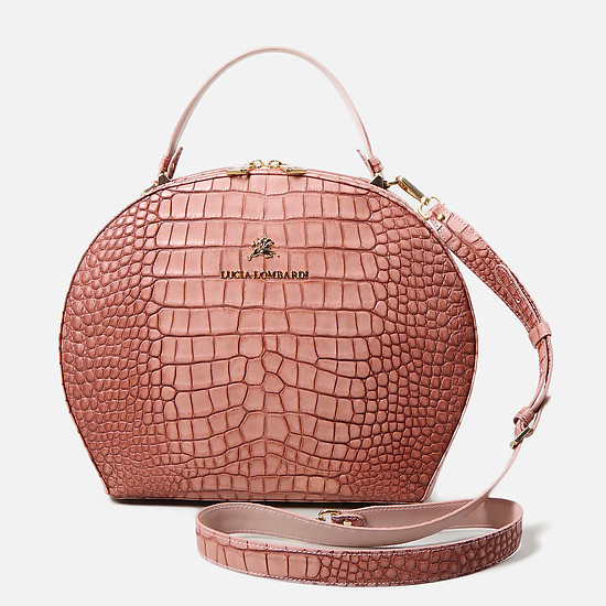 Круглая кожаная сумка с тиснением под крокодила в розовом цвете  Lucia Lombardi