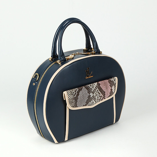 Полукруглая сумка среднего размера из гладкой синей кожи с карманом под питона  Lucia Lombardi