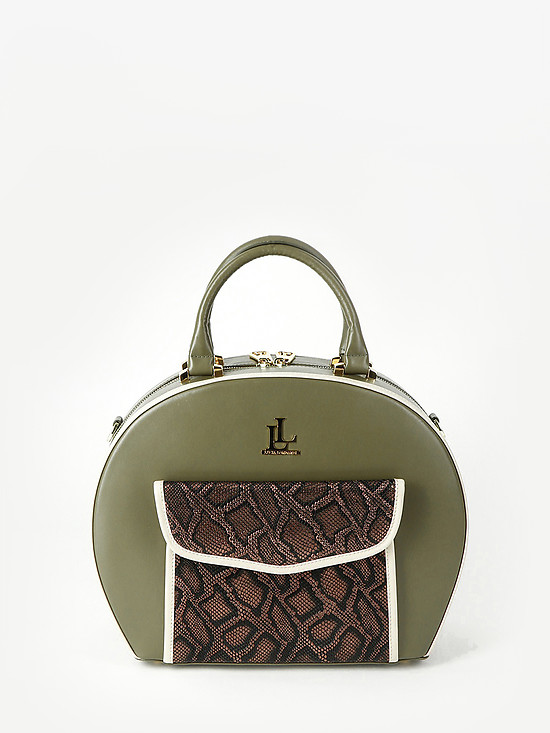 Полукруглая сумка среднего размера из гладкой оливковой кожи с карманом под питона  Lucia Lombardi