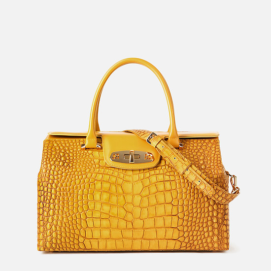 Желтая кожаная сумка-саквояж с тиснением под крокодила  Lucia Lombardi