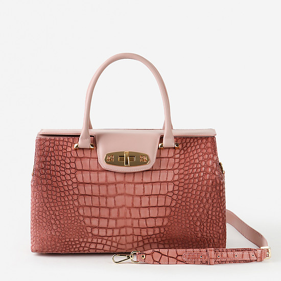 Розовая кожаная сумка-саквояж с тиснением под крокодила  Lucia Lombardi