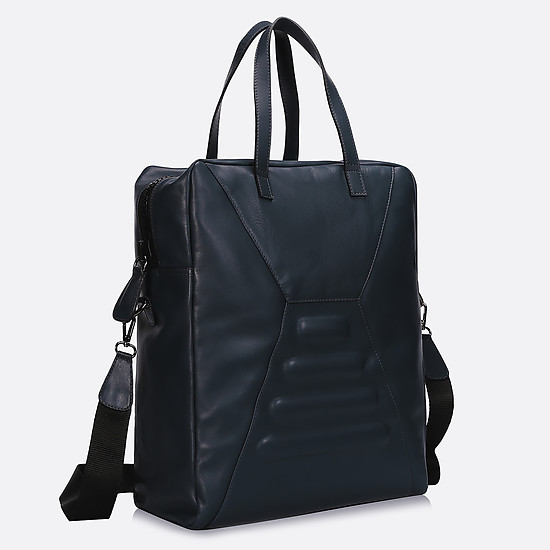 Вместительная сумка из натуральной темно-синей кожи с черной фурнитурой  Lombardi