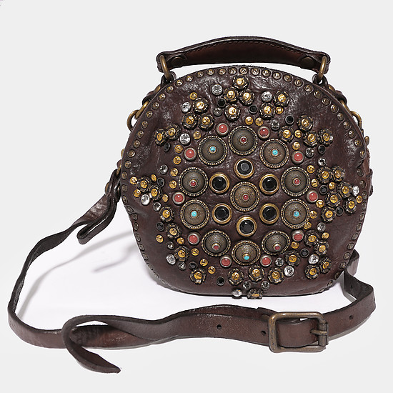 Коричневая кожаная сумочка на короткой ручке с ярким декором  Campomaggi