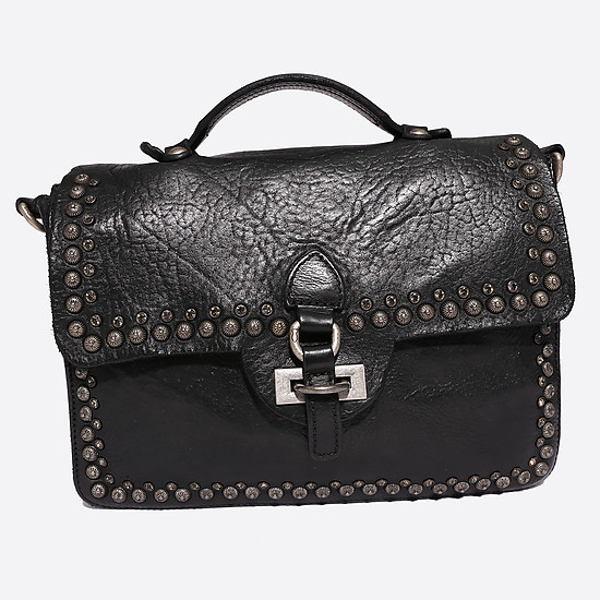 Черная сумка-портфель из натуральной мягкой кожи с заклепками и стразами  Campomaggi