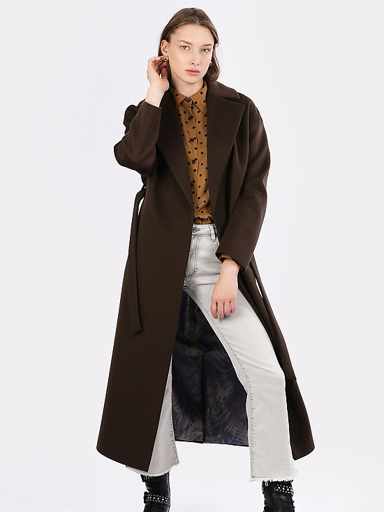 Темно-коричневое шерстяное пальто-халат  FIKSSON
