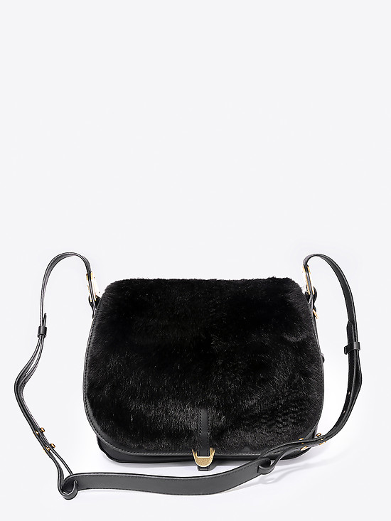 Черная кожаная сумка через плечо  Fauve Fur с экомехом  Coccinelle