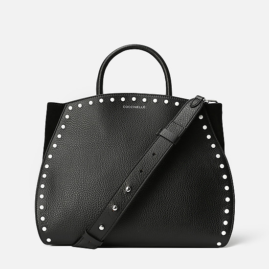 Черная кожаная сумка-тоут Concrete Special с белым брелоком и замшевыми вставками  Coccinelle