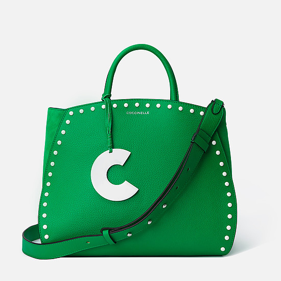 Зеленая кожаная сумка-тоут Concrete Special с белым брелоком и замшевыми вставками  Coccinelle