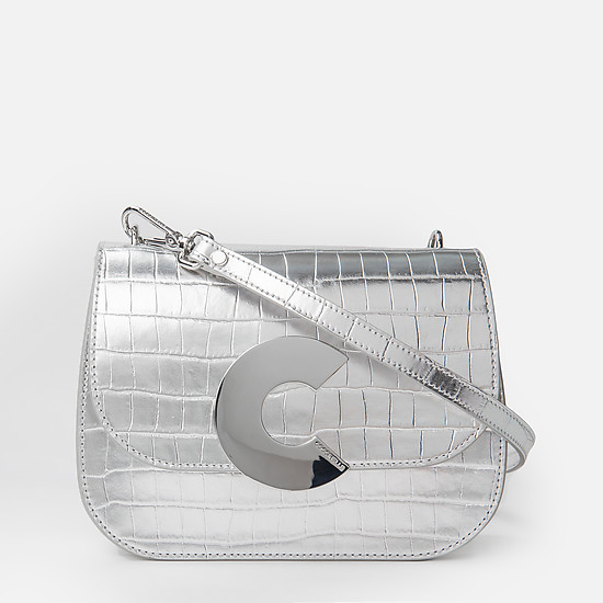 Серебряная кожаная сумочка-кросс-боди с тиснением под крокодила  Coccinelle