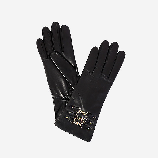 Черные кожаные перчатки с золотистыми цепочками  Eleganzza