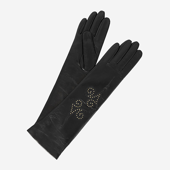 Удлиненные черные перчатки из кожи ягненка с золотистым декором  Eleganzza