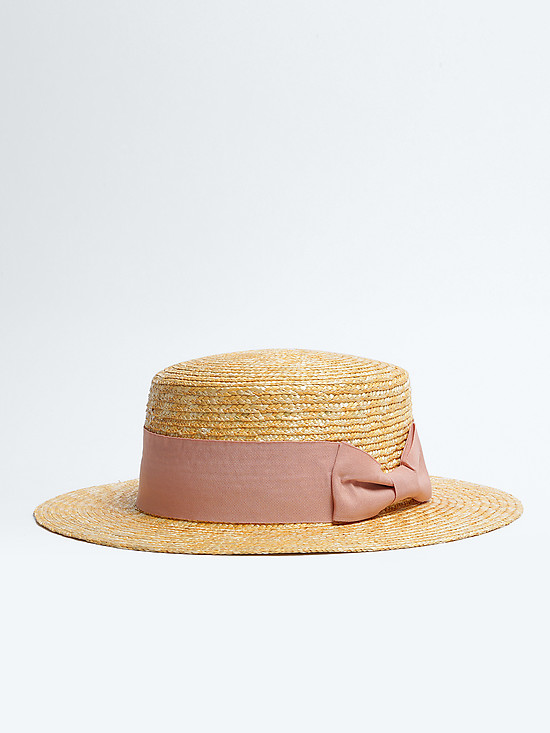 Соломенная шляпа канотье с пудрово-розовой лентой с бантом  Fabretti
