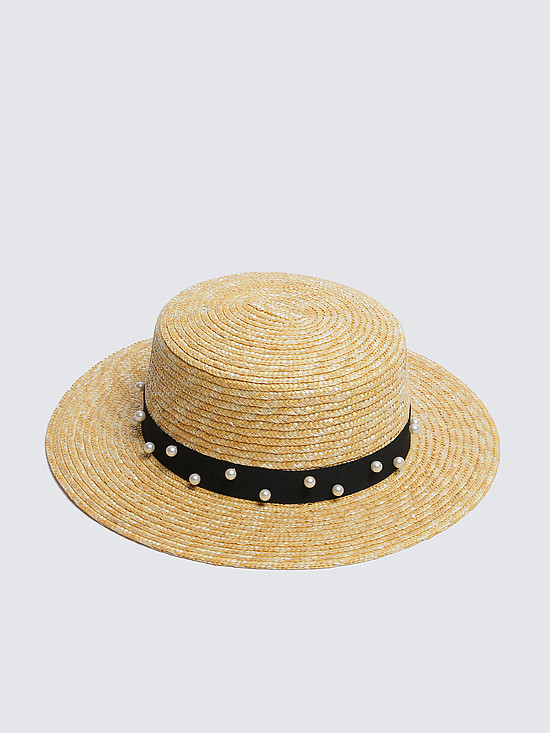 Соломенная шляпа канотье с полями и искусственным жемчугом  Fabretti