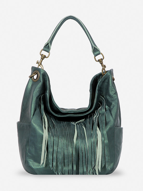 Вместительная сумка-мешок из натуральной кожи с бахромой в зеленом цвете  Liebeskind Berlin