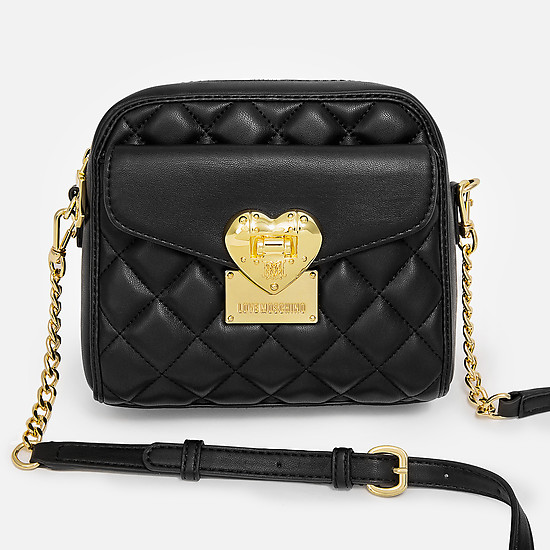 Элегантная черная сумочка на цепочке из качественной экокожи с фирменной золотистой фурнитурой  Love Moschino