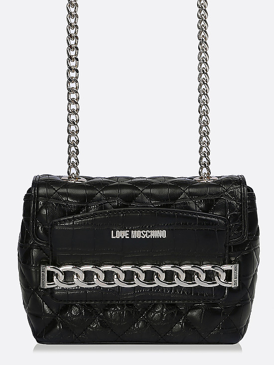 Стильная сумочка на цепочке из черной экокожи с тиснением под кожу крокодила  Love Moschino