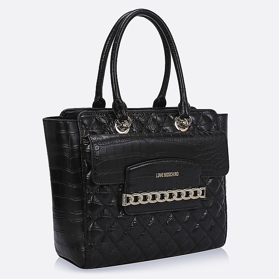 Вместительная черная сумка из качественной экокожи с тиснением под кожу крокодила и фирменной золотистой фурнитурой  Love Moschino