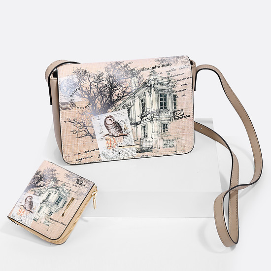 Миниатюрная бежевая сумочка кросс-боди и компактный кошелек с изысканным принтом  Alessandro Beato