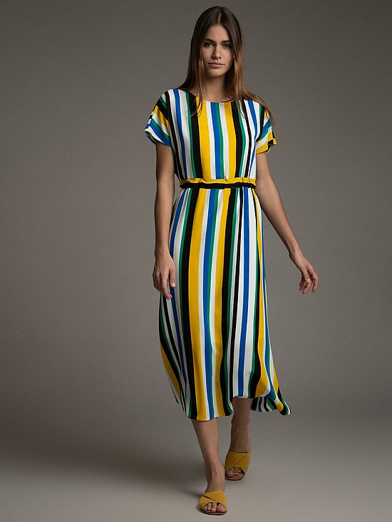 Длинное платье А-силуэта в разноцветную вертикальную полоску  EMKA