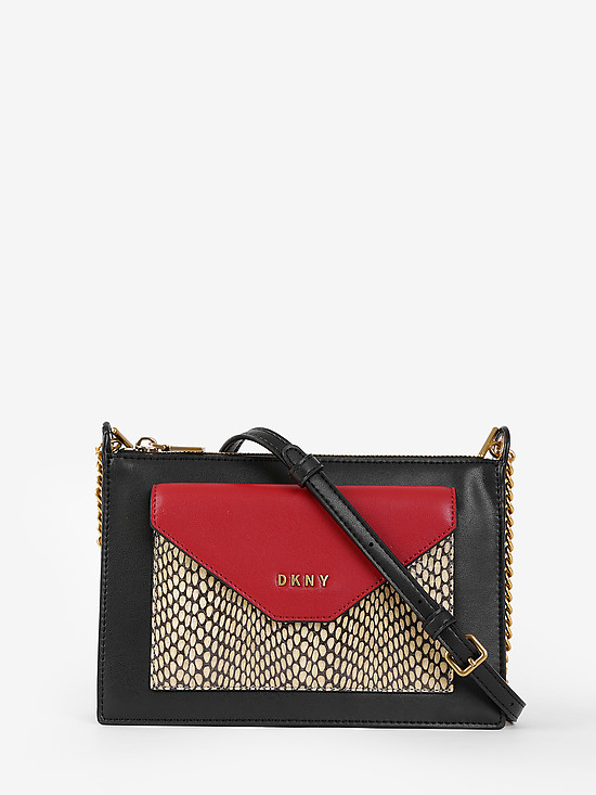 Черная кожаная мини сумочка кросс-боди с разноцветным кармашком в форме конверта  DKNY