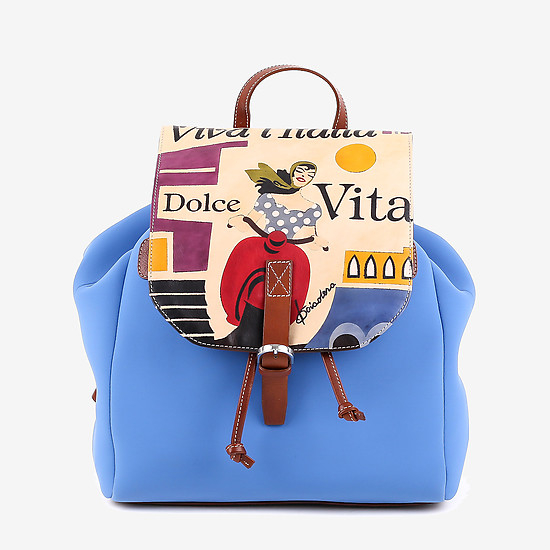 Текстильно-кожаный рюкзак синего цвета с ручной росписью  Baiadera