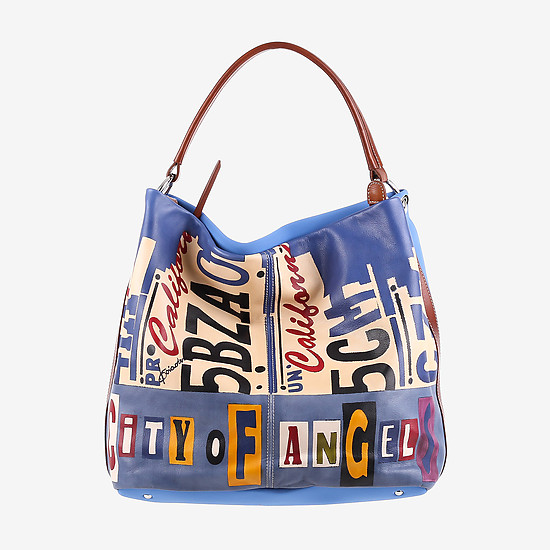 Кожано-текстильная синяя сумка среднего размера с ручной росписью  Baiadera