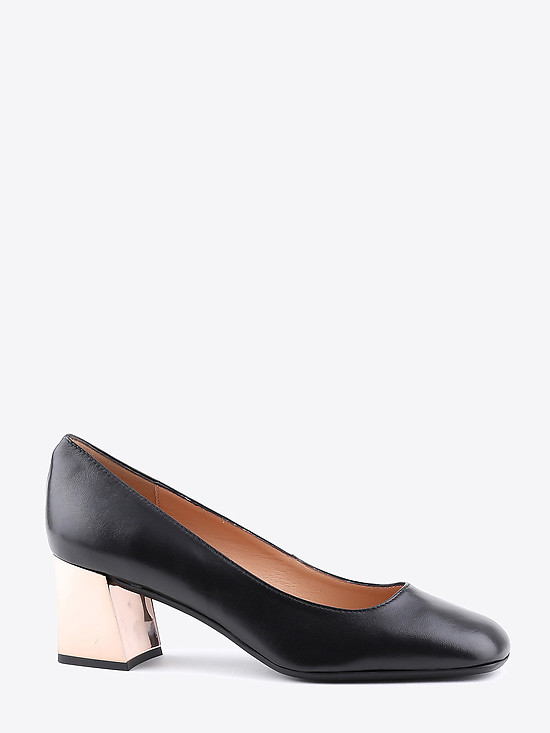 Туфли-лодочки черного цвета из натуральной кожи с золотистым каблуком  Zenux