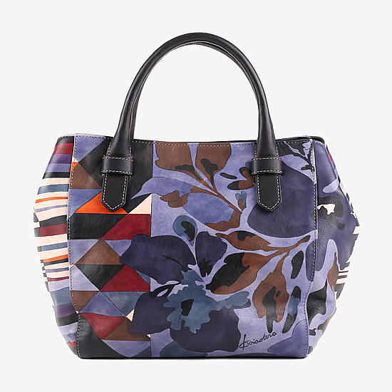 Синяя кожаная сумка-тоут среднего размера с ручной цветочной росписью  Baiadera