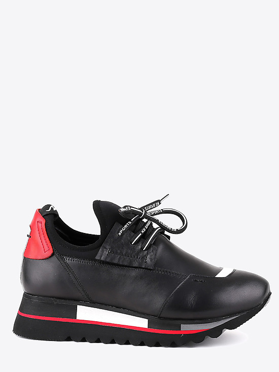 Черные кожаные кроссовки с красной вставкой  Solo Noi