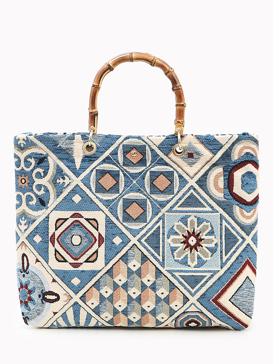 Текстильная сумка-шоппер с этническим принтом в голубых тонах и бамбуковыми ручками  Folle