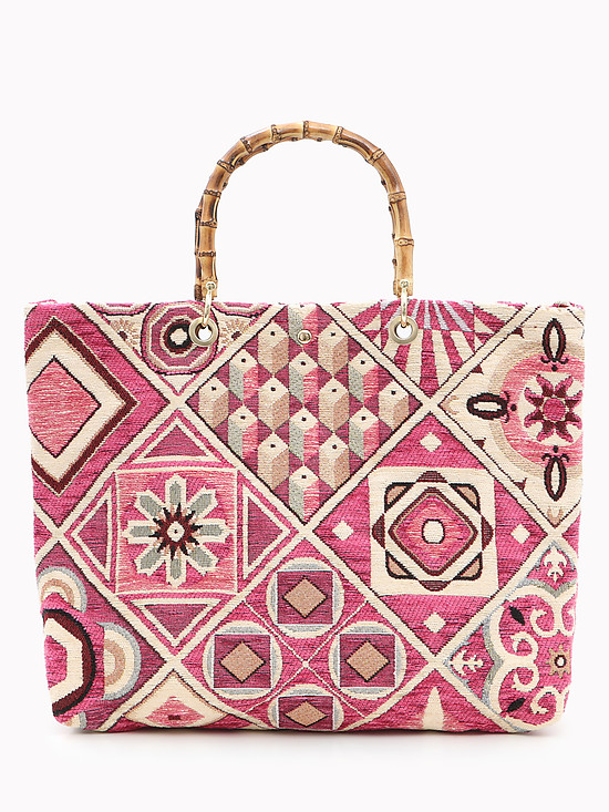Текстильная сумка-шоппер с этническим принтом в розовых тонах и бамбуковыми ручками  Folle