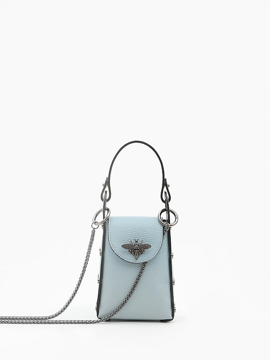 Бледно-голубая сумочка для телефона из плотной кожи с декорированным мотыльком  Folle