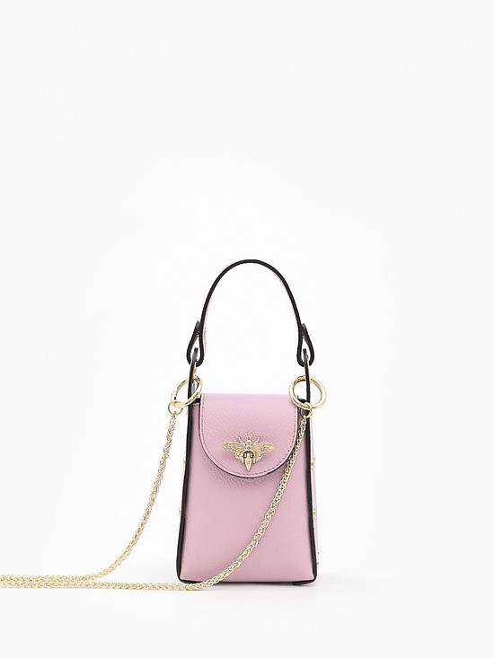 Розовая сумочка для телефона из плотной кожи с декорированным мотыльком  Folle