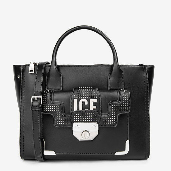 Черная сумка-тоут среднего размера из экокожи с металлическим декором  ICE PLAY