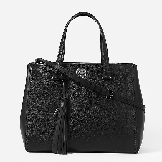 Деловая сумка черного цвета в комбинации мелкозернистой и гладкой кожи  Eleganzza