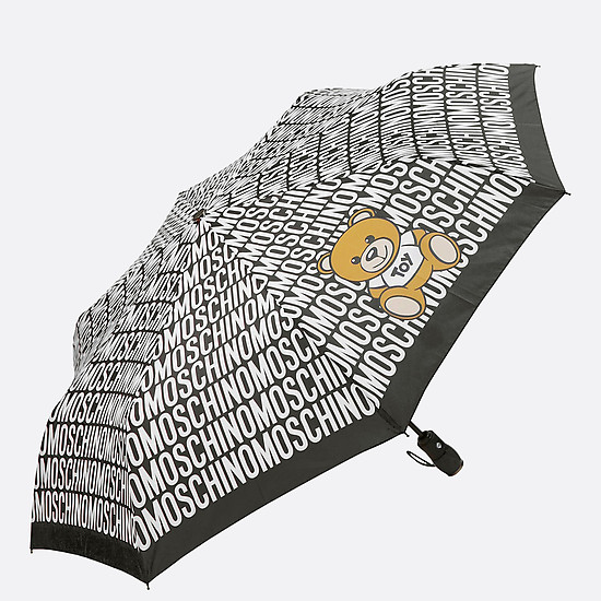 Черный складной зонт с фирменным принтом и медведем  Moschino
